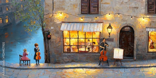 Charming Street Scene with Musicians Performing Outside a Cozy Restaurant.Artistic Illustration Featuring Warm Lights and Evening Ambiance.