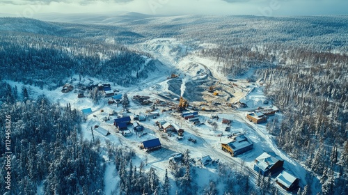 Aerial view of a mining operation in a snowy, forested landscape.