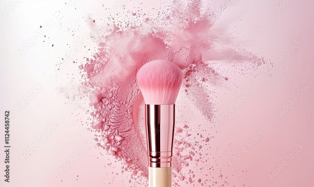 Fototapeta Pink makeup brush with powder explosion on pink background. Beauty product concept