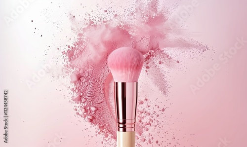 Pink makeup brush with powder explosion on pink background. Beauty product concept photo