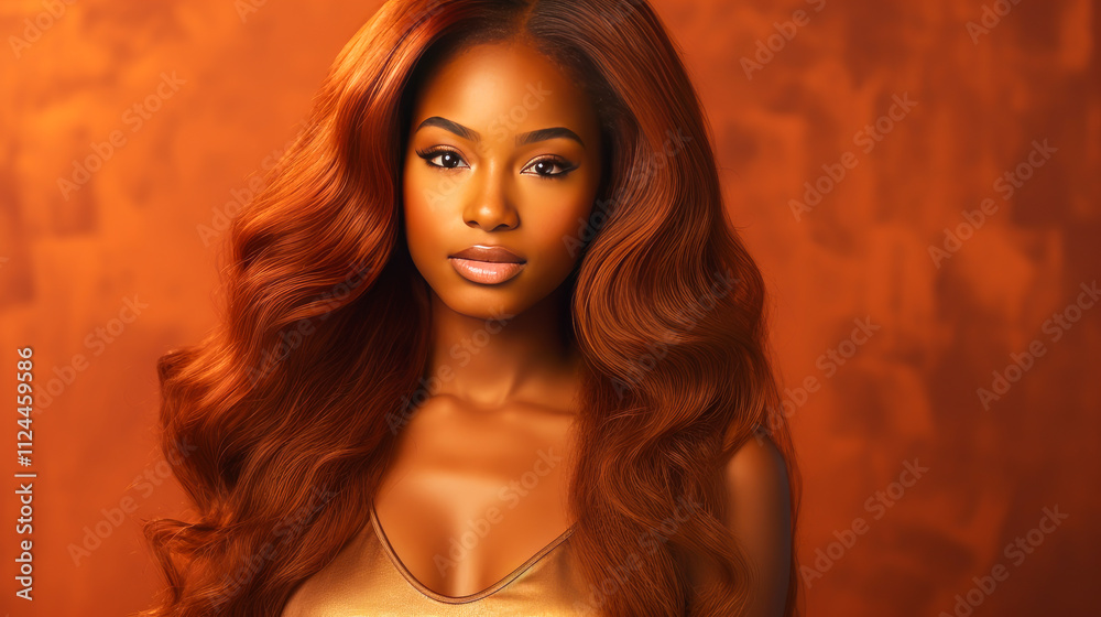 Portrait of smiling African American girl with long red hair golden background banner. Portrait of smiling African American girl with long red hair golden background banner.