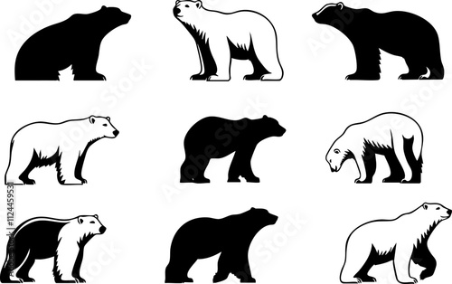 A collection of bear silhouettes showcasing various species in different poses for use in graphic design or illustration.