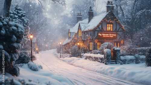 Old fashioned English country house in snow scene with Christmas decorations and lighting all around. The is writing saying 