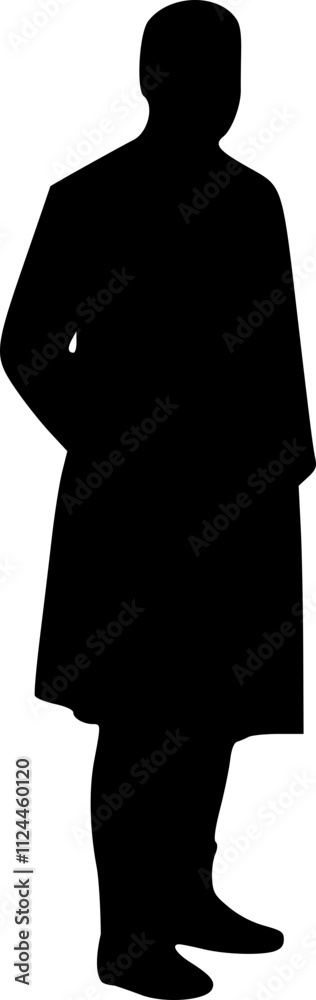 The male figure of a person stands. Black silhouette on a white background. Vector image. The male figure of a person stands. Black silhouette on a white background. Vector image.