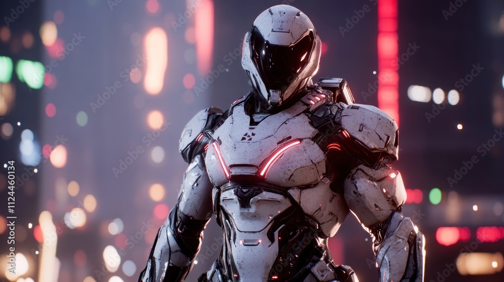 Futuristic armored figure in a neon-lit cityscape 