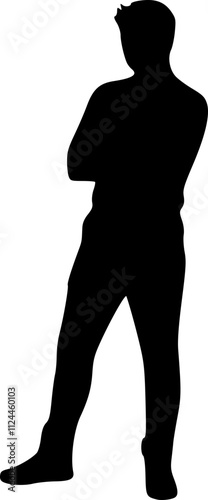The male figure of a person stands. Black silhouette on a white background. Vector image.