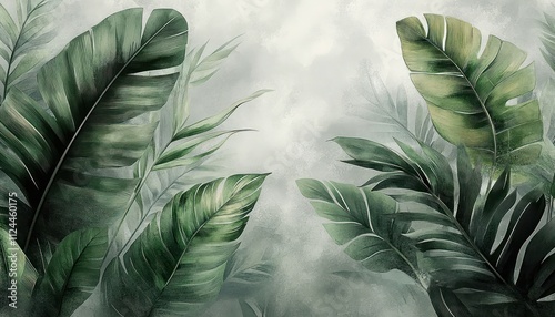 Watercolor Tropical Leaves Gray Background Lush Green Plants Wall Murals Nature Art Interior Decoration
