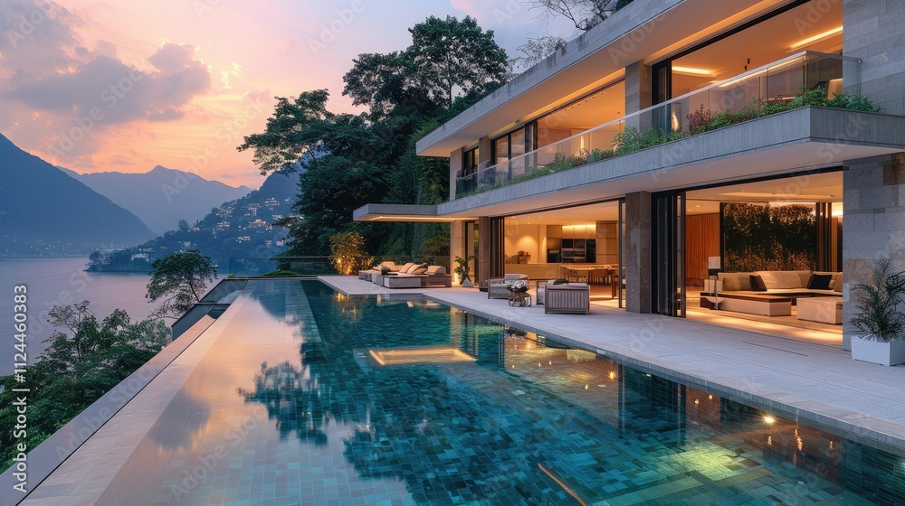 Fototapeta premium Modern luxury villa with infinity pool overlooking lake and mountains at sunset.