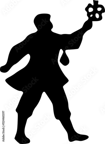 A man in an ancient dress holds an unknown thing in his hands. Black silhouette on a white background. Vector drawing.