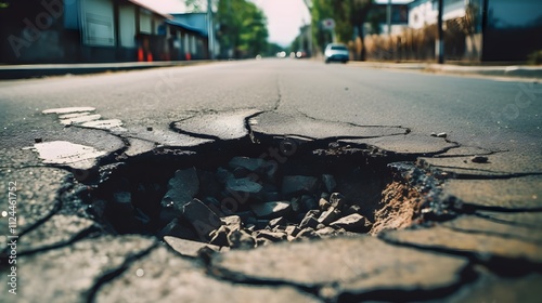 Focused shot of a damaged road surface with a prominent, deep pothole surrounded by cracks, conveying poor maintenance and oversight.