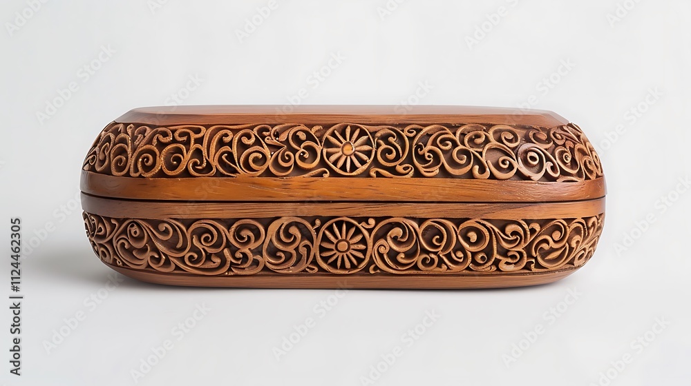 Stylish wooden jewelry box with intricate carvings on white. Stylish wooden jewelry box with intricate carvings on white.