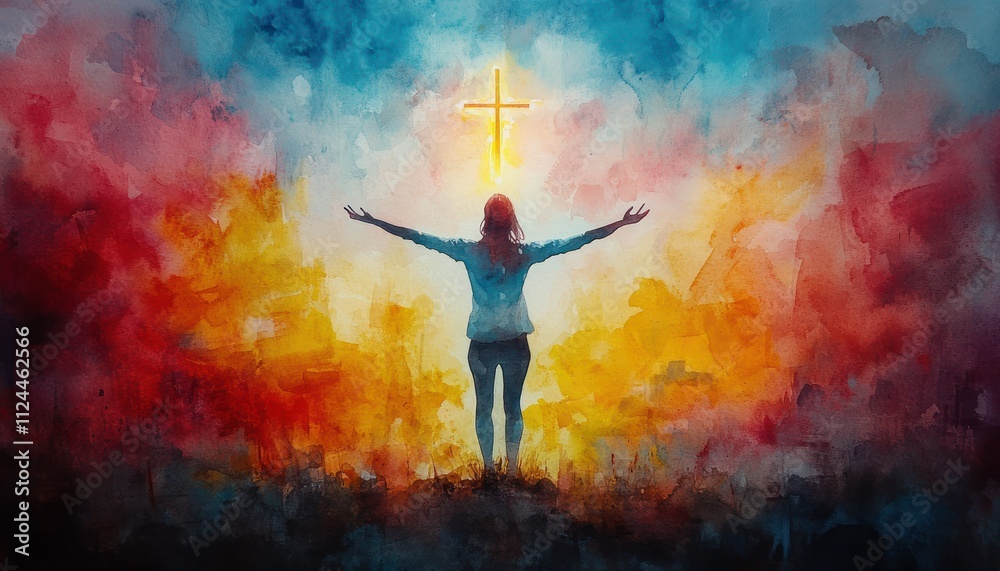 Hands Reaching for a Glowing Cross in the Sky with Soft Pastel Clouds Hands Reaching for a Glowing Cross in the Sky with Soft Pastel Clouds