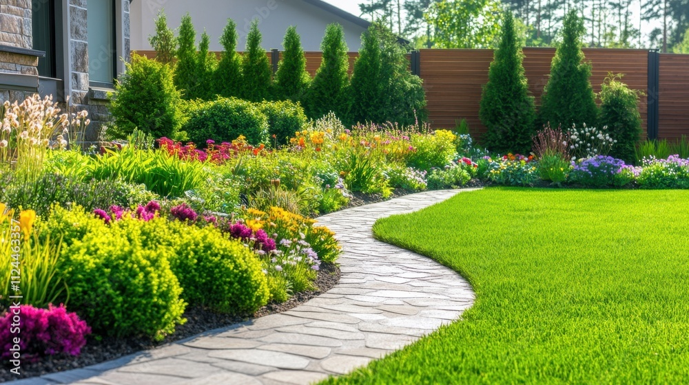 Lush Garden Oasis with Winding Stone Path Lush Garden Oasis with Winding Stone Path