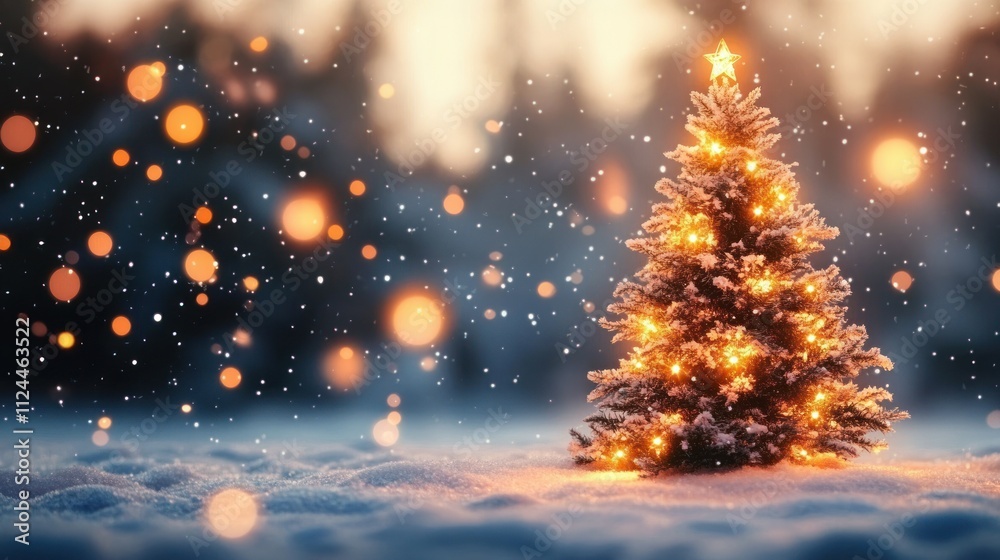 Cozy Winter Scene with Christmas Tree Snow Bokeh Lights and Golden Glow Cozy Winter Scene with Christmas Tree Snow Bokeh Lights and Golden Glow