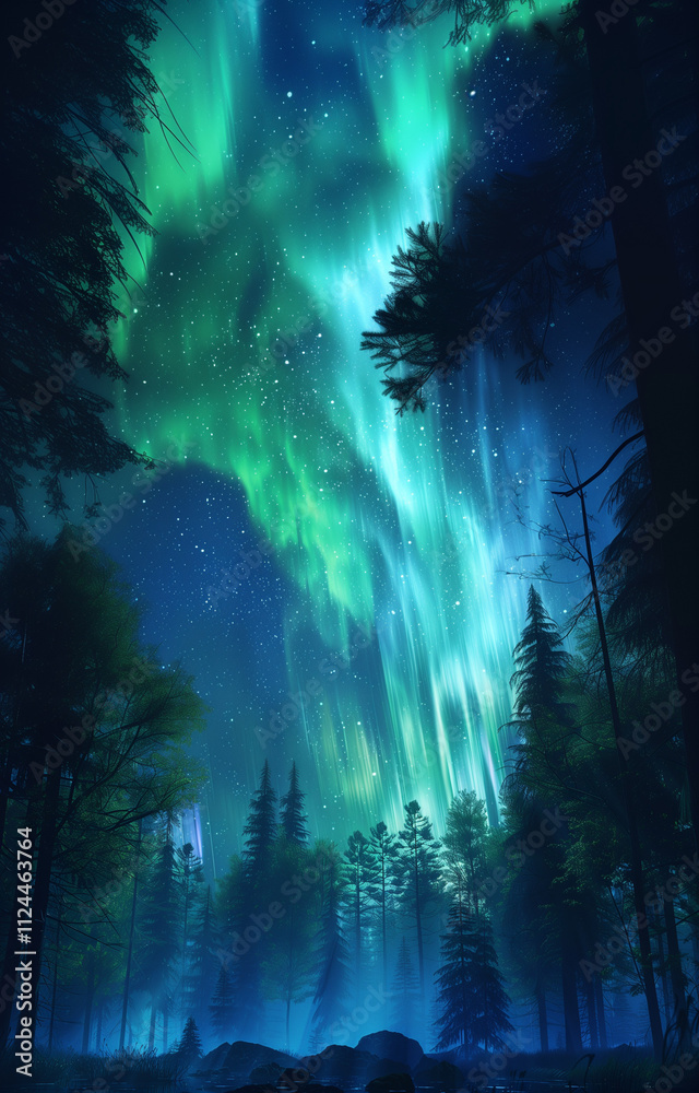 forest with the northern lights in the sky forest with the northern lights in the sky