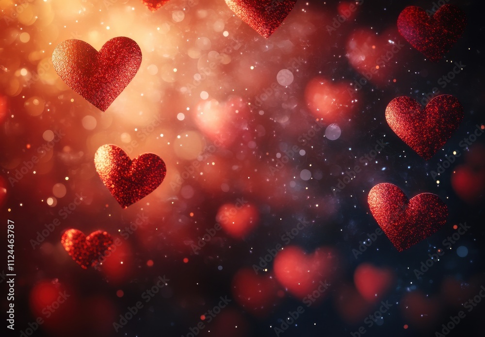 Sparkling Glitter Heart Shapes Falling Through a Dreamy Background of Warm Sunset Hues and Soft Bokeh Lights for Romantic Themes and Celebratory Moments Sparkling Glitter Heart Shapes Falling Through a Dreamy Background of Warm Sunset Hues and Soft Bokeh Lights for Romantic Themes and Celebratory Moments