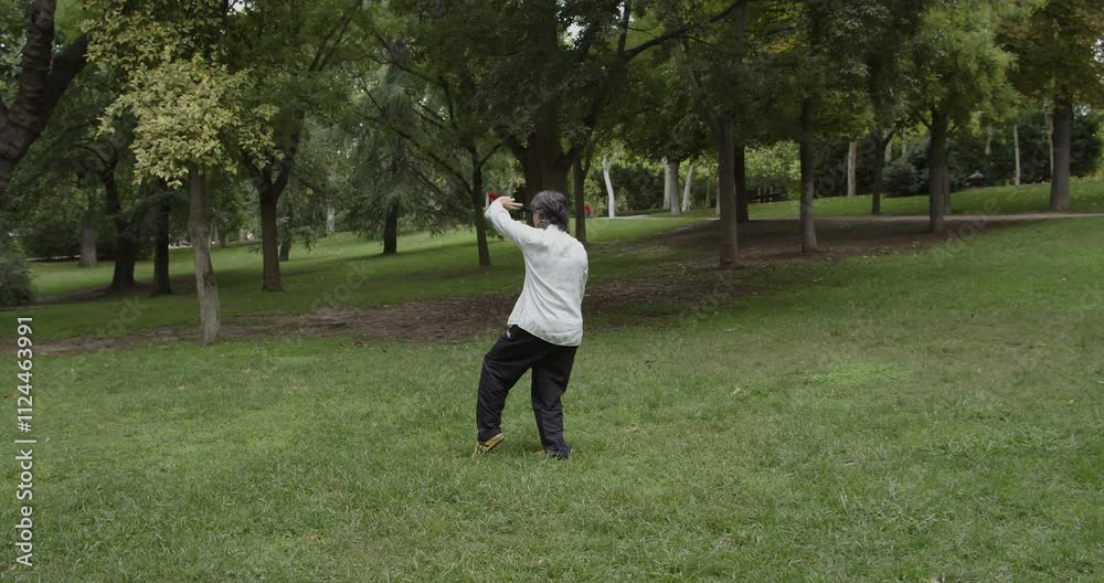 Slow Motion Shot of Middle-Aged Man Performing Chen Style Taijiquan Fan Routine in Retiro Park, Madrid with Refined and Explosive Moves, Wearing White Silk Taiji Shirt and Kill Bill Style Shoes Slow Motion Shot of Middle-Aged Man Performing Chen Style Taijiquan Fan Routine in Retiro Park, Madrid with Refined and Explosive Moves, Wearing White Silk Taiji Shirt and Kill Bill Style Shoes