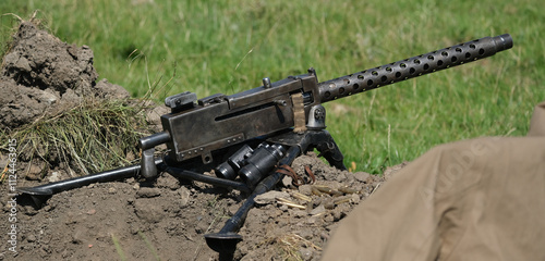 The M1919 Browning is a .30 caliber medium machine gun that was widely used during the 20th century, especially during World War II, the Korean War, and the Vietnam War. photo