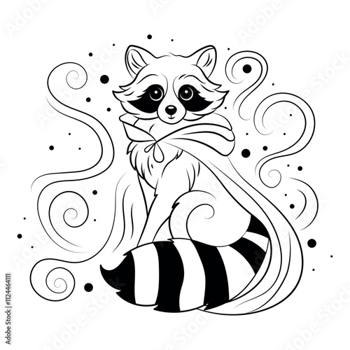 Abstract linear drawing of a raccoon in a raincoat on a white background