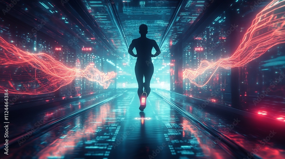 Runner s Silhouette on a Neon Soaked Treadmill in a Dark Futuristic Room with Digital Energy Waves and Glowing Step Counters