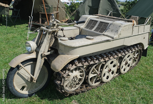 The Sd.Kfz.2 (German: Sonderkraftfahrzeug 2) is a half-track motorcycle with a single front wheel, better known as the Kleines Kettenkraftrad HK 101. photo