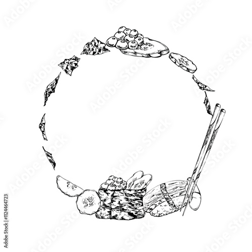 Traditional Japanese food, gunkan nigiri sushi raw fish salmon caviar tamagoyaki, cucumber nori flakes, chopsticks, hand drawn in vector pen, ink. Wreath frame for restaurant, cafe menu, recipe book
