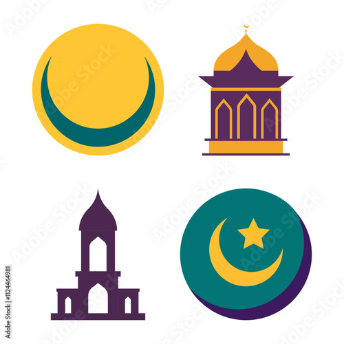 Islamic Symbol Elements Set of Mosque Dome Minaret Building Crescent Moon Star in Ramadan Theme