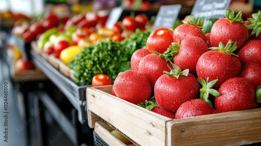 Fresh and Juicy Red Tomatoes in Wooden Crates at Bustling Farmers Market with Vibrant Produce Displays Fresh and Juicy Red Tomatoes in Wooden Crates at Bustling Farmers Market with Vibrant Produce Displays
