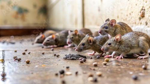 Close-up of rat droppings on the floor, rodent, feces, infestation, disease, health hazard, filth, contaminated