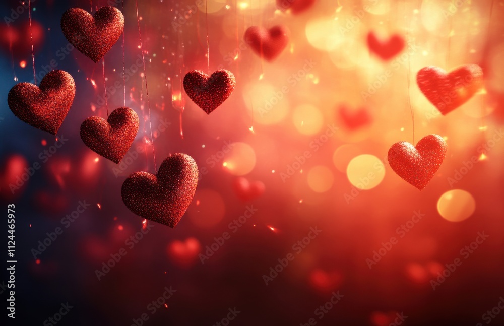 Sparkling Red Hearts Hanging in the Air Against a Bokeh Background, Perfect for Valentine's Day or Romantic Occasions, Evoking Love and Celebration Sparkling Red Hearts Hanging in the Air Against a Bokeh Background, Perfect for Valentine's Day or Romantic Occasions, Evoking Love and Celebration