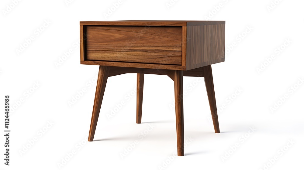 A wooden nightstand with a drawer sits on a white background A wooden nightstand with a drawer sits on a white background