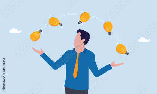 Best Skillful businessman juggling lightbulb lamp metaphor of plenty ideas, creativity and ideas, innovation or skill to success in business.