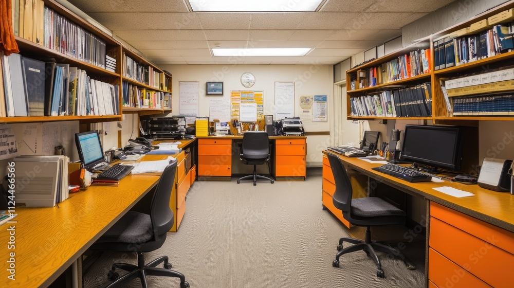 Modern Office Interior with Wooden Desks and Shelves