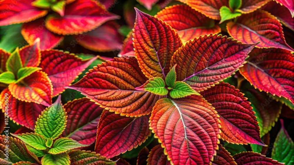 Obraz premium Vibrant photo of red and green leaves in nature, foliage, autumn, colors, vibrant, seasonal, outdoors, botanical
