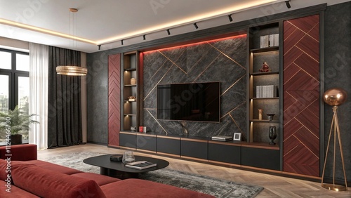 Soft cream plaster TV wall with textured bronze trims, Elegant cream and bronze interiors

