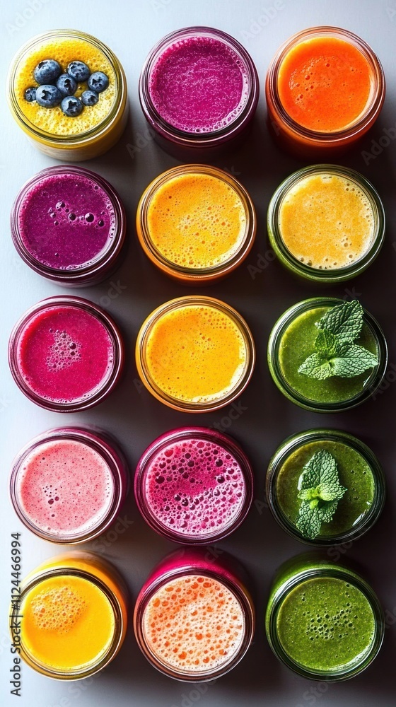 Fresh Colorful Smoothies in Glass Jars with Tropical Fruits and Healthy Ingredients Fresh Colorful Smoothies in Glass Jars with Tropical Fruits and Healthy Ingredients