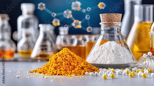 Vibrant Yellow and White Powders in Laboratory Setting with Glassware