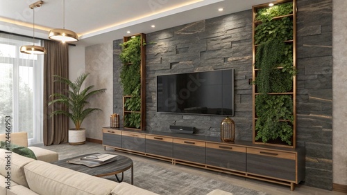 Soft cream plaster TV wall with textured bronze trims, Elegant cream and bronze interiors

