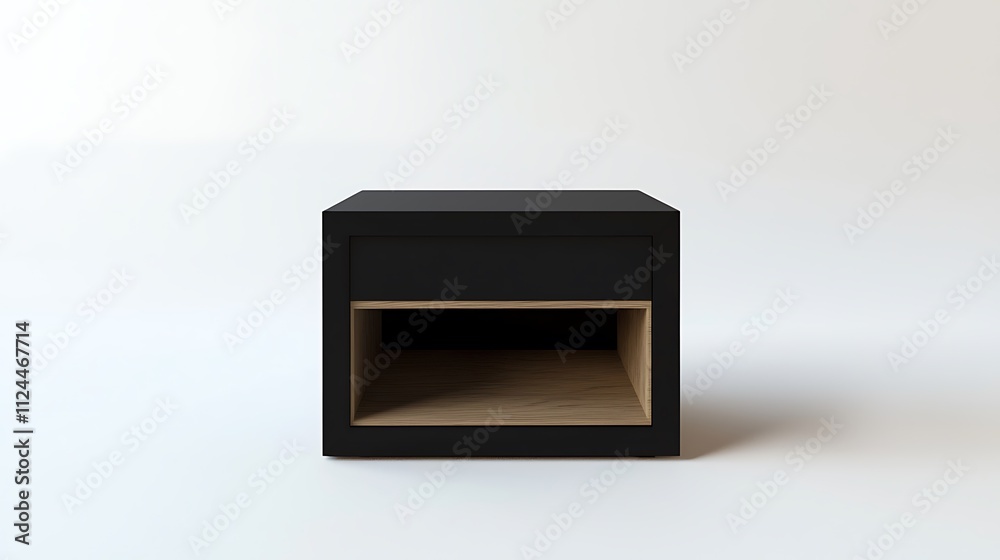 A black nightstand with a wooden drawer sits on a white background A black nightstand with a wooden drawer sits on a white background