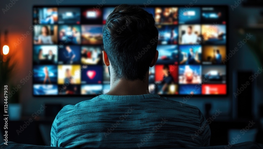 Backview Of Caucasian Man Looking at Animated Stream Of Online Interfaces With Social Media, Fintech Services, e-Commerce Shopping, Internet Influencers, And Video Games. Visualization Of Web Network.