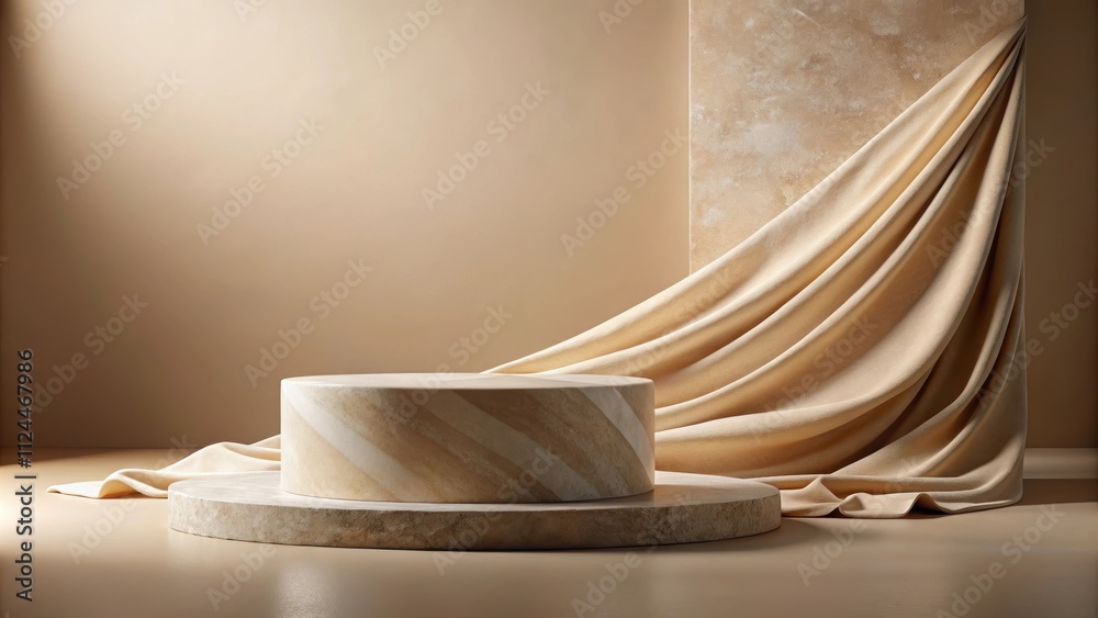 Luxurious stone podium with beige cloth in motion for beauty product presentation , glamour, feminine, minimal, pedestal, mockup Luxurious stone podium with beige cloth in motion for beauty product presentation , glamour, feminine, minimal, pedestal, mockup
