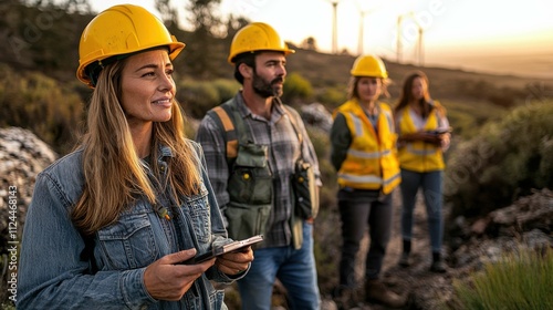 A diverse group of workers in safety helmets at a renewable energy site, focused on environmental conservation and eco-friendly initiatives.
