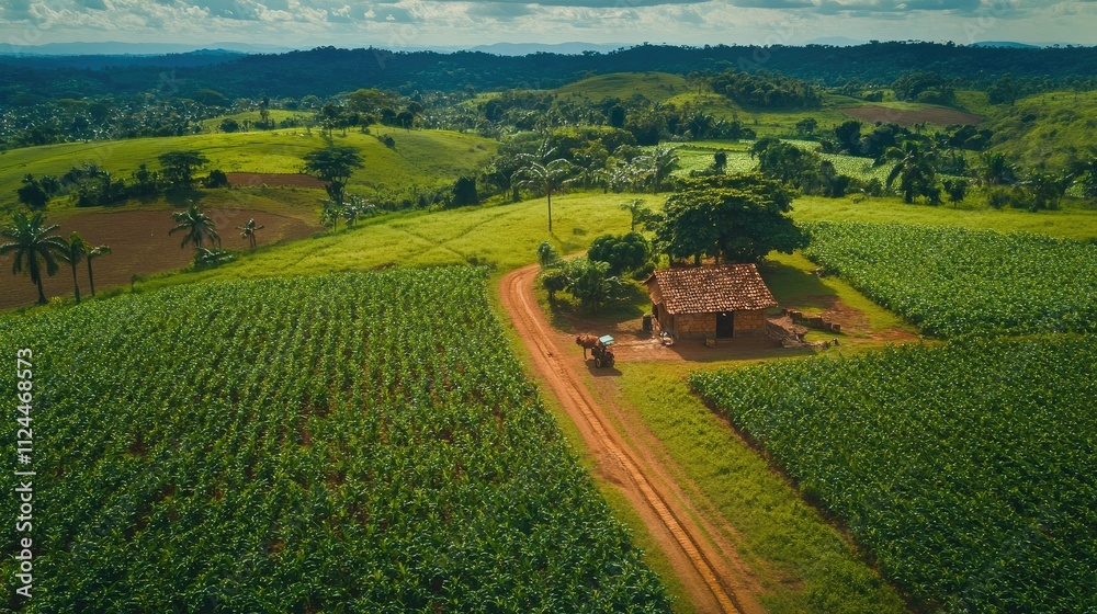 Naklejka premium Aerial view of rural landscape with farmhouse, fields, and dirt road.