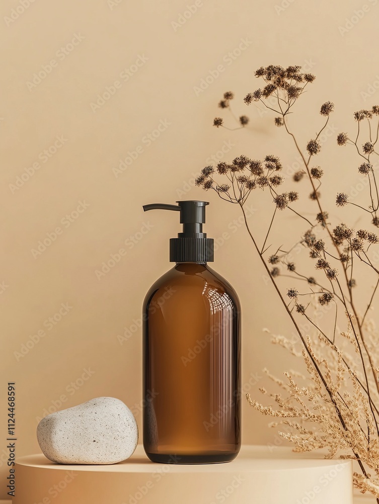 Brown glass bottle with pump of cosmetic products with stone and dried plant flowers on beige and orange paper background. Natural Organic Spa Cosmetic Beauty concept Front view Mock up. vertical. Brown glass bottle with pump of cosmetic products with stone and dried plant flowers on beige and orange paper background. Natural Organic Spa Cosmetic Beauty concept Front view Mock up. vertical.
