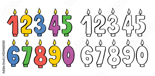 Doodle Happy Birthday candle numbers set. Birthday candles with burning flames. Hand drawn decoration for cake, greeting card.