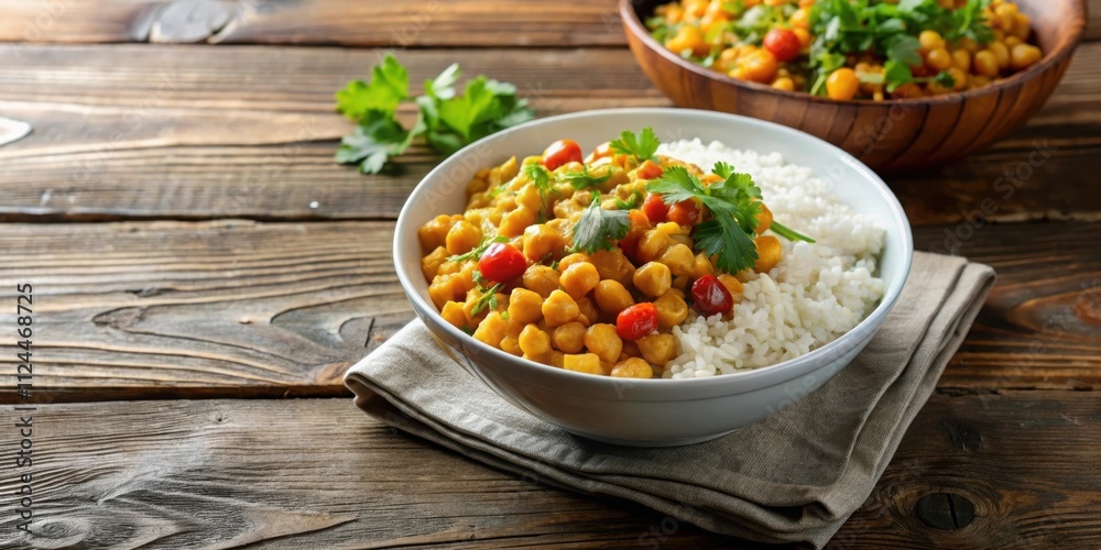 Gluten free rice and vegan chickpea curry, served in a white bowl on a wooden table, gluten free, rice, vegan, chickpea, curry Gluten free rice and vegan chickpea curry, served in a white bowl on a wooden table, gluten free, rice, vegan, chickpea, curry