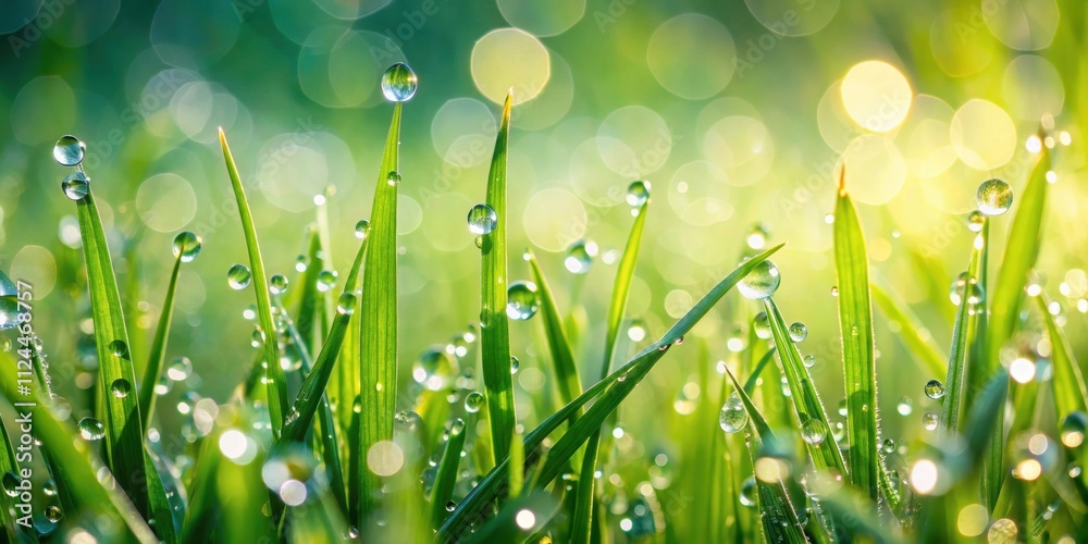 Fototapeta premium Close up of delicate dew drops glistening on vibrant green grass blades, nature, water droplets, macro, morning, freshness