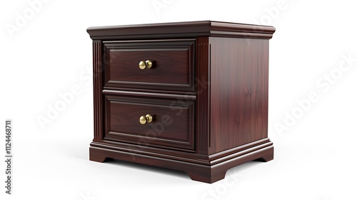 A wooden nightstand with two drawers sits on a white background