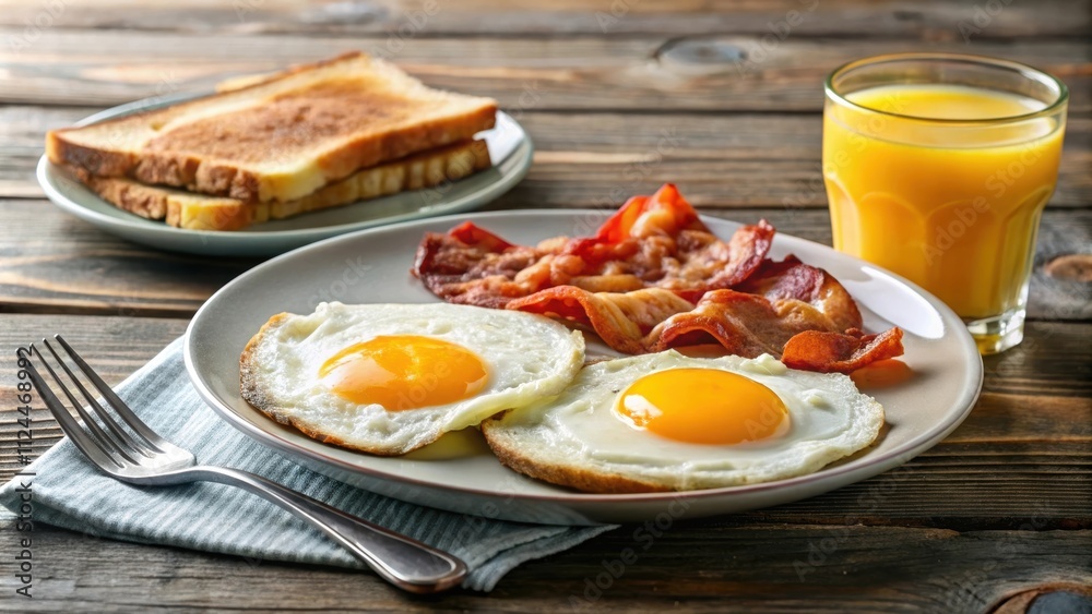 A classic breakfast plate with sunny-side-up eggs, crispy bacon, and a glass of freshly squeezed orange juice, breakfast A classic breakfast plate with sunny-side-up eggs, crispy bacon, and a glass of freshly squeezed orange juice, breakfast