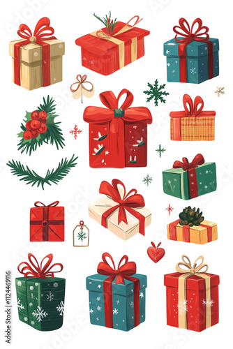 Christmas gift icon set with presents, gift tags, ribbons, and bows in cheerful holiday colors (PNG)
